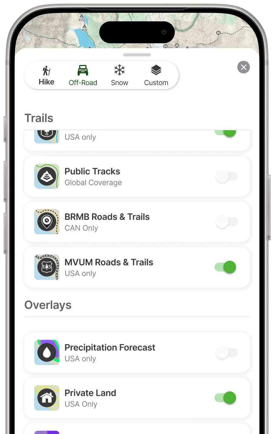 Gaia GPS iPhone app showing Off-Road mode with trails and overlays
