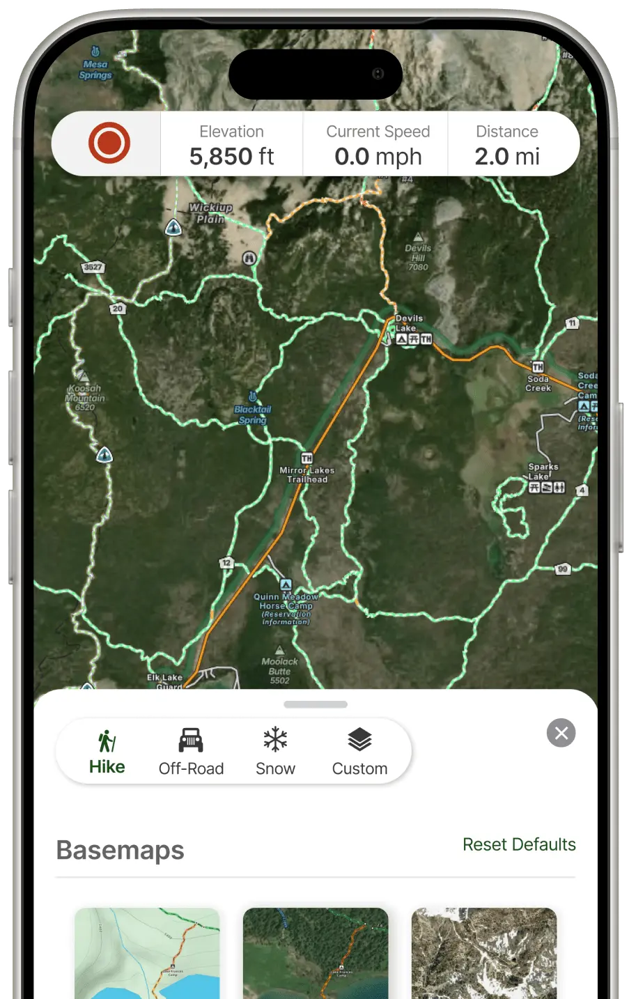 Gaia GPS iPhone app showing Hike mode with trail layers