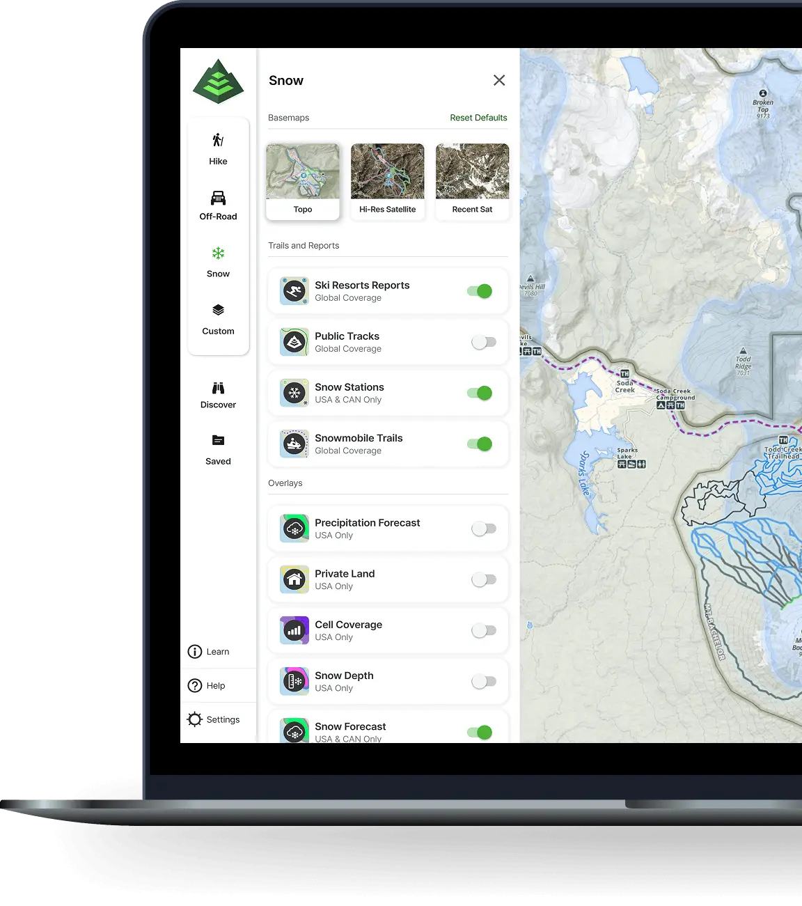Gaia GPS web app on MacBook showing full desktop interface