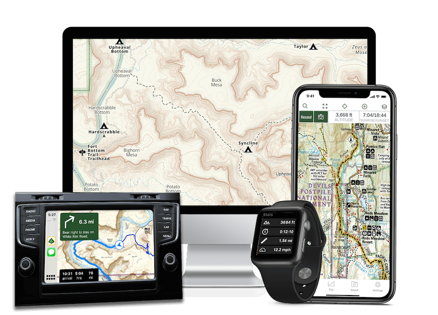 Gaia GPS is available on iOS, Android, web, Android Auto, and Apple Watch.