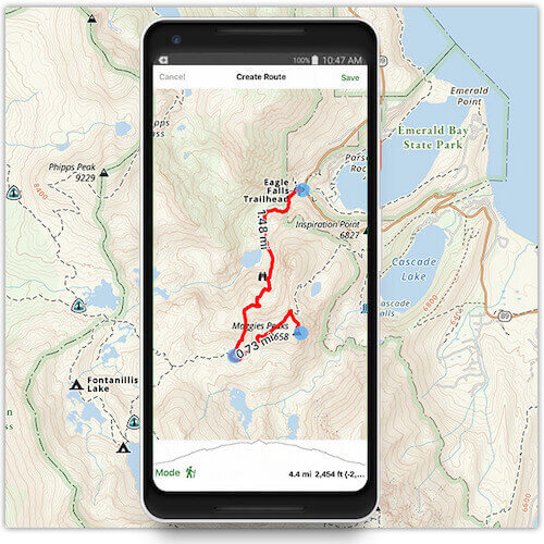 A route being measured on a map in the Gaia GPS app.