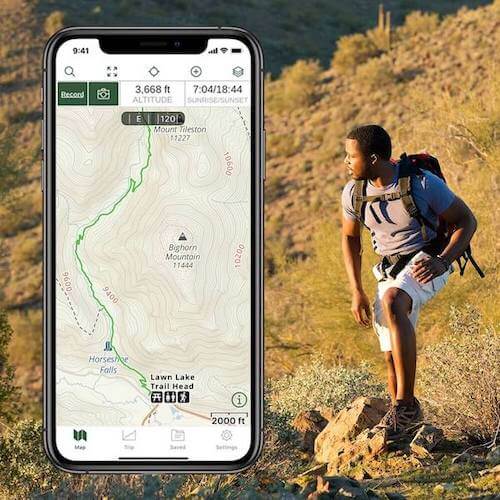 Man hiking and a picture of the Gaia GPS app.